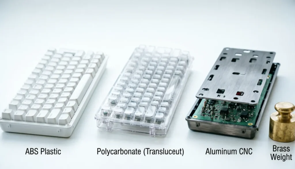 Side-by-side comparison of ABS plastic, polycarbonate, and aluminum mechanical keyboard cases