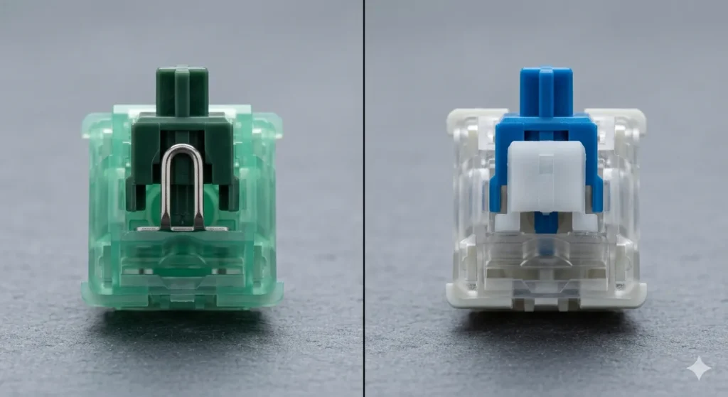 Side-by-side macro comparison of a Kailh Box Jade click bar mechanism versus a Cherry MX Blue click jacket mechanism