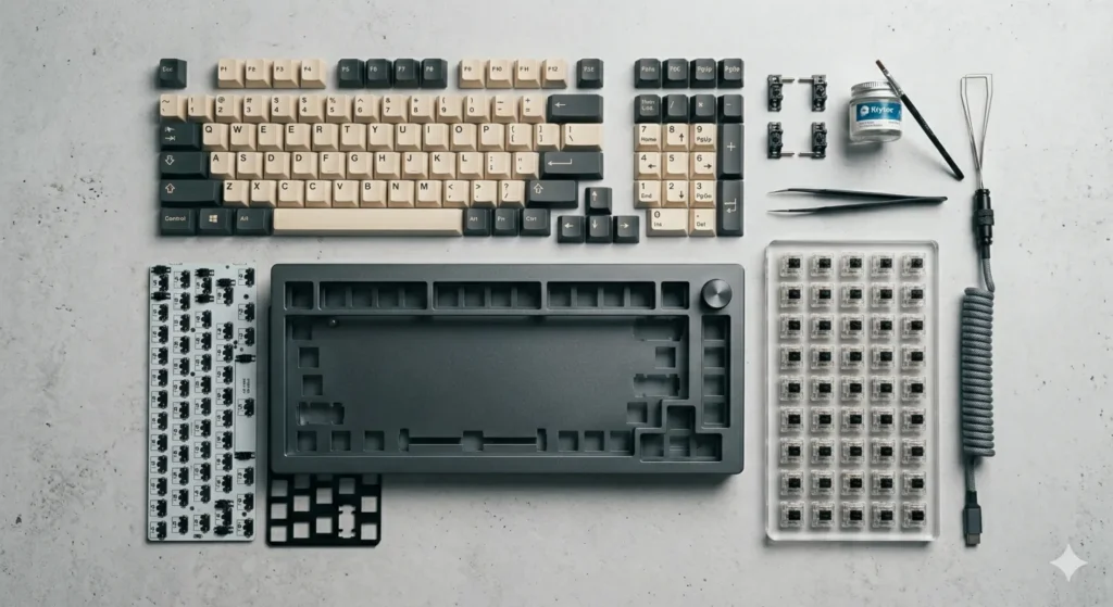 All parts needed to build a custom mechanical keyboard laid out flat: case, PCB, plate, switches, keycaps, stabilizers, and tools