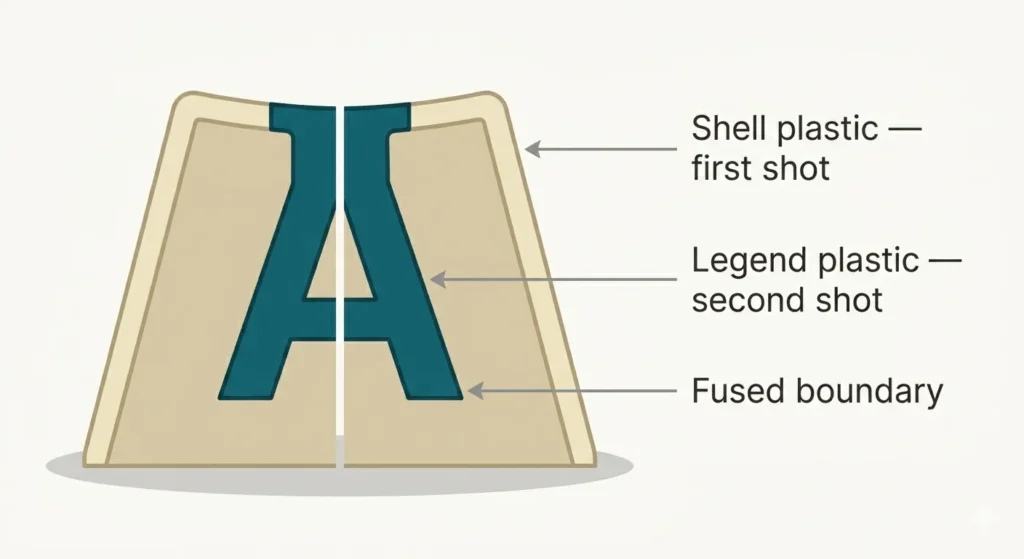 Cross-section diagram showing how double-shot keycaps are made from two fused plastic layers
