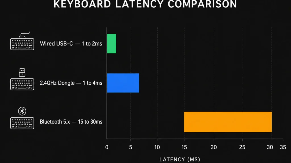 Latency comparison chart: wired 1-2ms, 2.4GHz dongle 1-4ms, Bluetooth 15-30ms