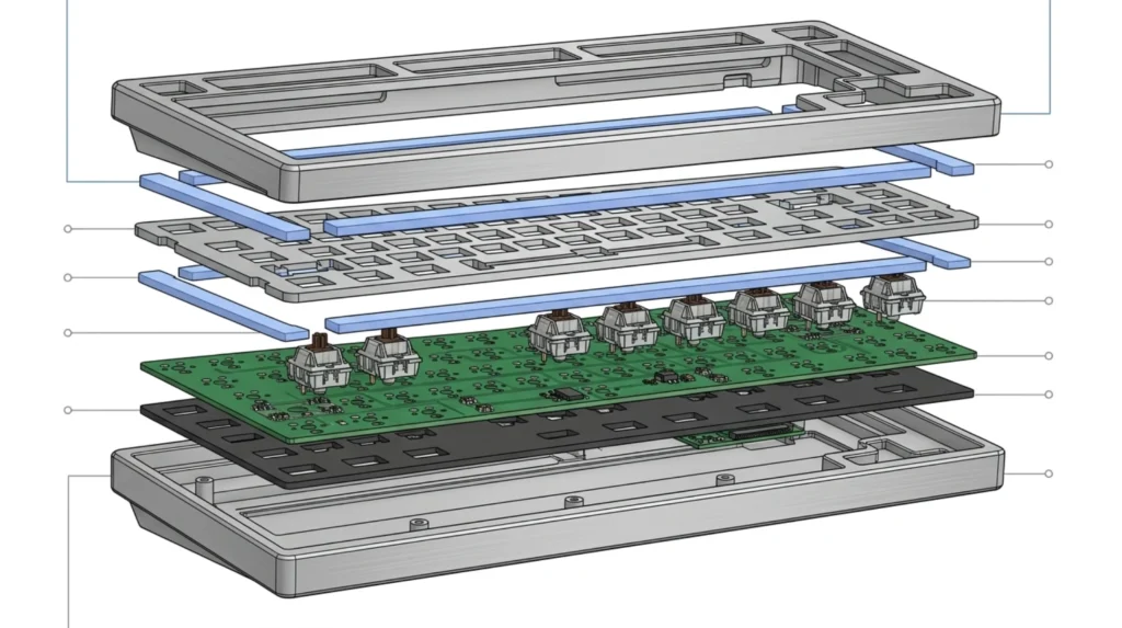 Cross-section diagram of a gasket mount keyboard showing poron strips between plate and case