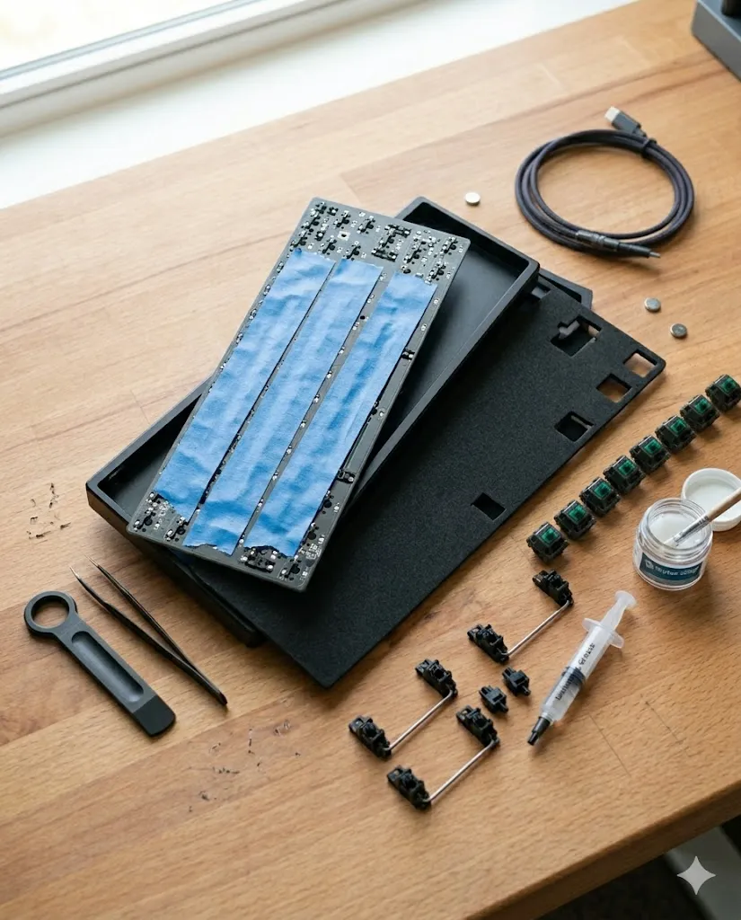 Modding a Hall Effect keyboard with tape mod on PCB, PE foam, lubed stabilizers and Krytox 205g0 laid out on a workbench