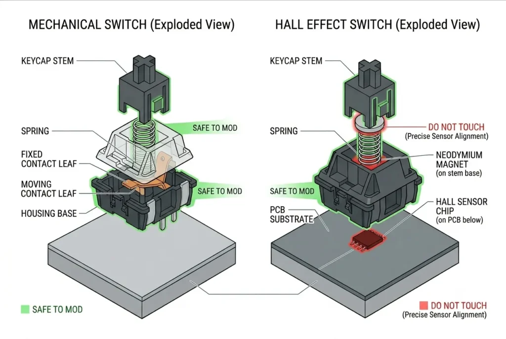 Diagram comparing Hall Effect switch and mechanical switch internals showing magnet sensor location and safe mod zones