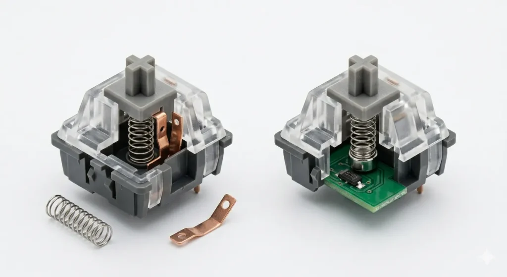 Cutaway diagram comparing hall effect switch with magnet and sensor to mechanical switch with metal leaf contacts