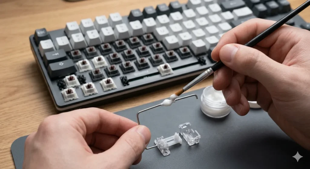 Applying dielectric grease to a mechanical keyboard stabilizer wire with a small brush