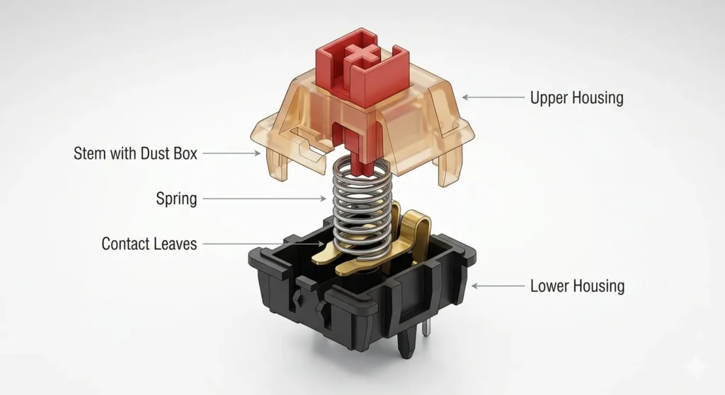 Cross-section diagram of a Kailh Box switch showing the dust-resistant housing, stem, spring, and metal contact leaves