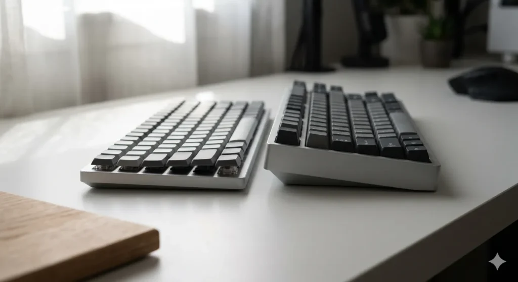 Side profile comparison showing a Kailh Choc low-profile keyboard next to a standard-height mechanical keyboard on the same surface