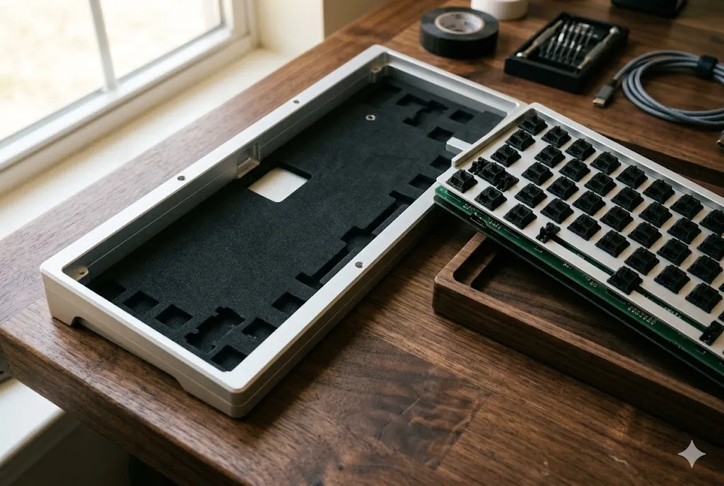 Black EVA case foam pad installed in the bottom of an aluminum mechanical keyboard chassis with the PCB lifted to the side