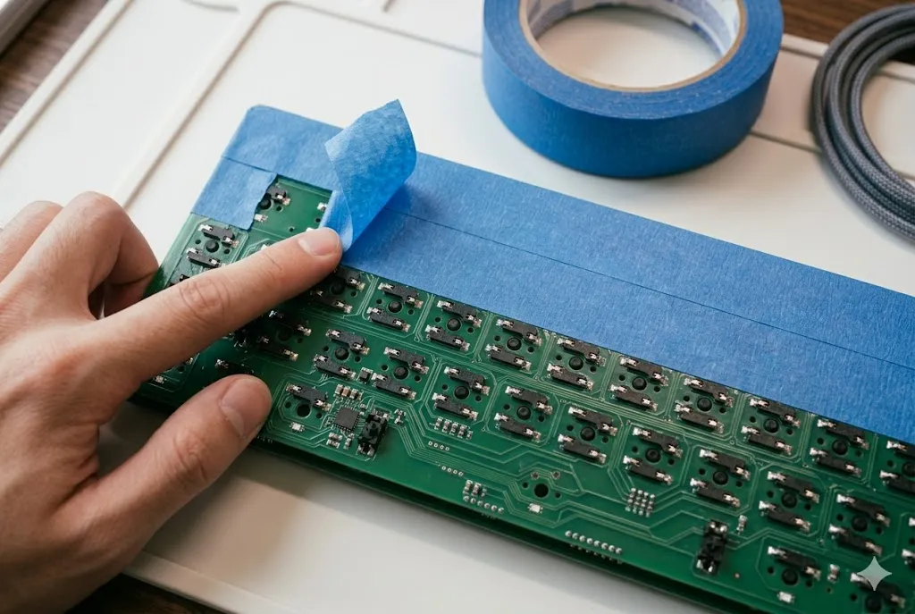 Two layers of blue painter's tape applied to the back of a mechanical keyboard PCB for the tape mod