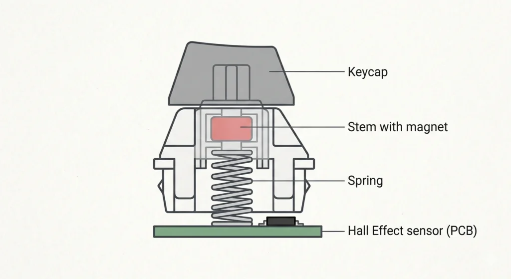 Cross-section diagram of a Hall Effect keyboard switch showing the magnet in the stem, spring, and sensor on the PCB