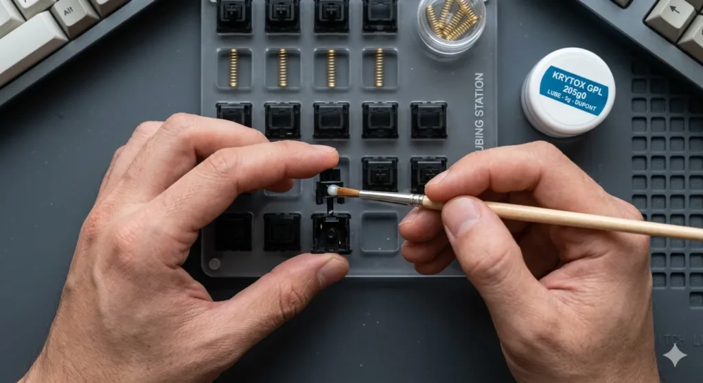 Brush applying Krytox 205g0 lubricant to the stem of a disassembled mechanical keyboard switch