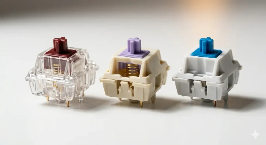 Linear, tactile, and clicky mechanical keyboard switches compared side by side