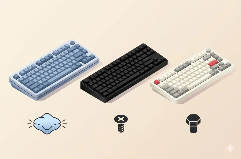 Visual comparison of gasket mount tray mount and top mount keyboards by feel and sound