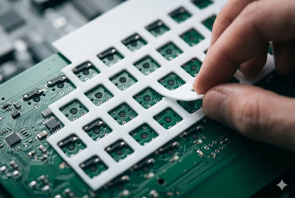 White PE foam sheet with switch stem holes positioned over a green keyboard PCB during a foam mod installation