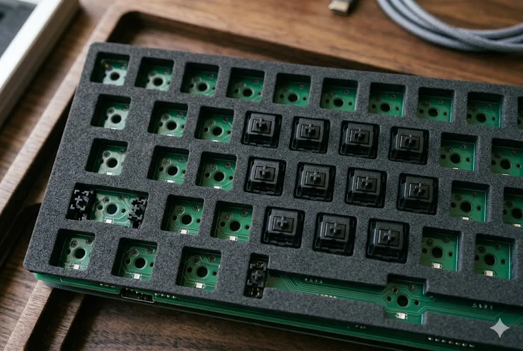 Gray plate foam with rectangular switch cutouts sitting between the keyboard plate and PCB