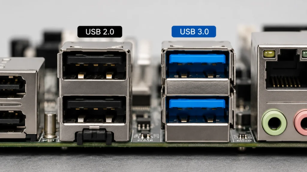 USB 2.0 black ports compared to USB 3.0 blue ports on a PC motherboard back panel