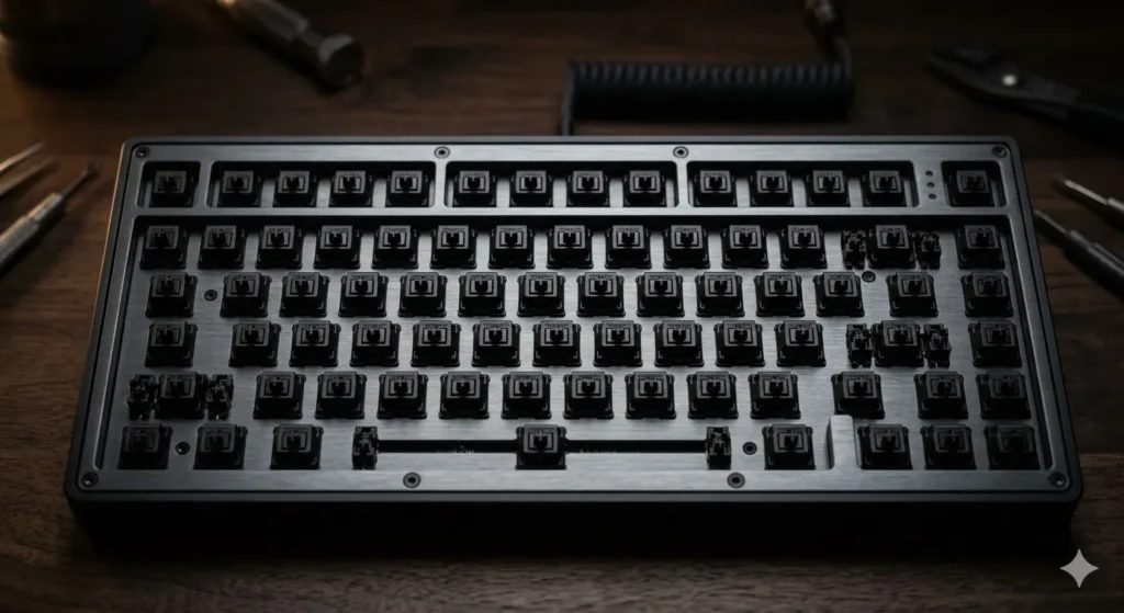 Top mount keyboard showing aluminum plate screwed directly to top case