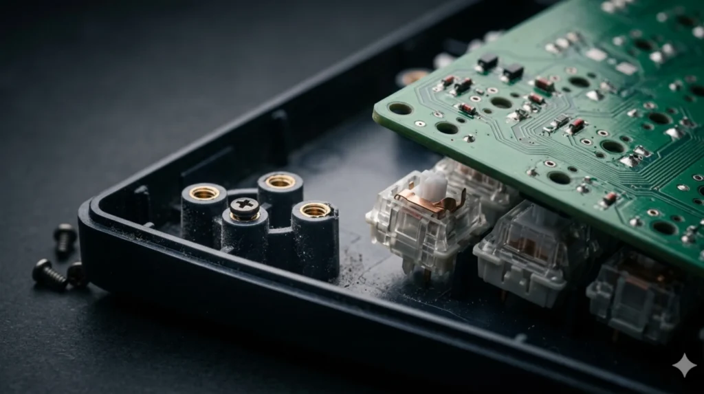 Tray mount keyboard interior showing PCB screwed into bottom case posts