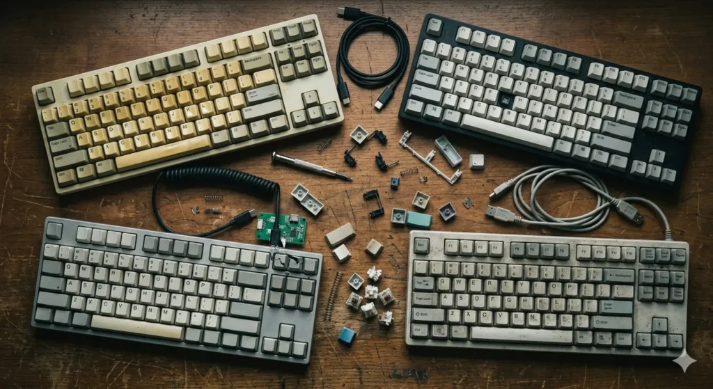 Worn mechanical keyboards showing yellowed keycaps broken stabilizers and damaged USB ports — real-world failures unrelated to switch durability