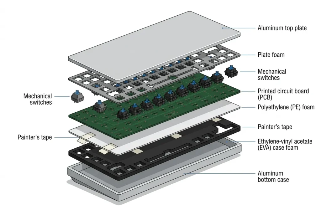 Exploded diagram showing PE foam, plate foam, case foam, and tape mod placement inside a mechanical keyboard